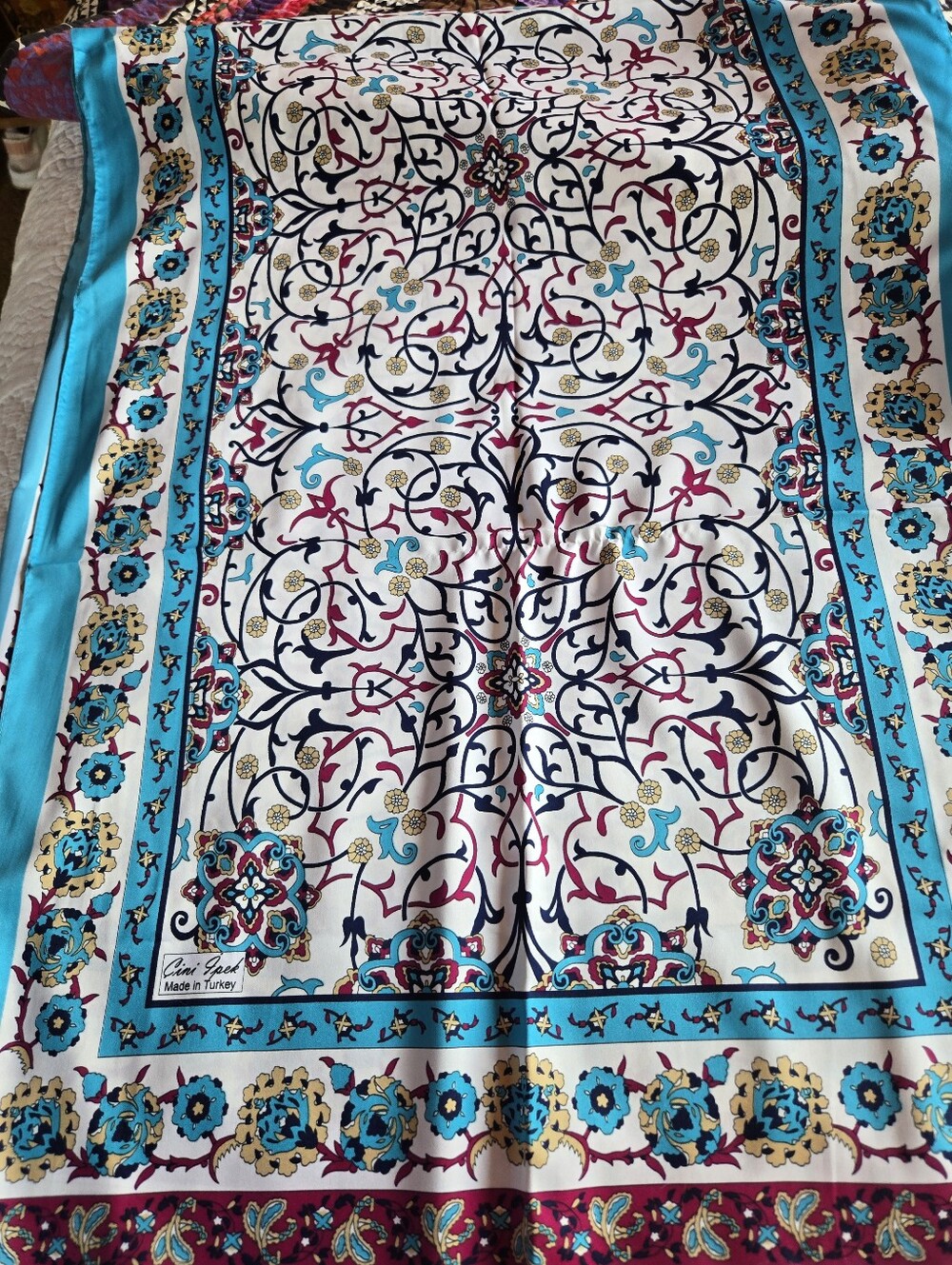 Cicek Izgi Turkish Floral Tile ReuPrint Silk Scarf - Turquoise, White, Burgundy